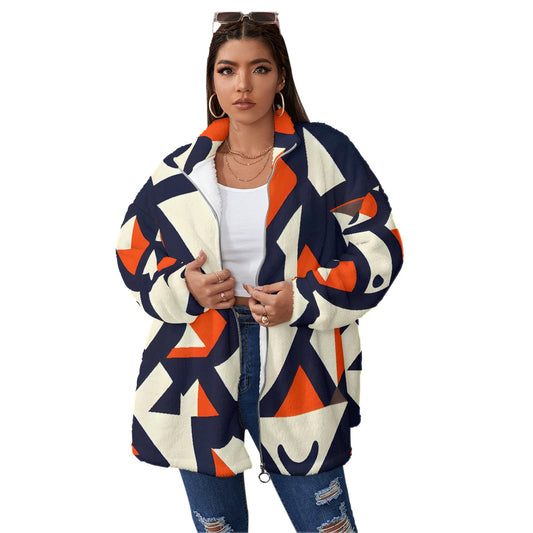 All-Over Print Unisex Borg Fleece Stand-up Collar Coat With Zipper Closure(Plus Size)