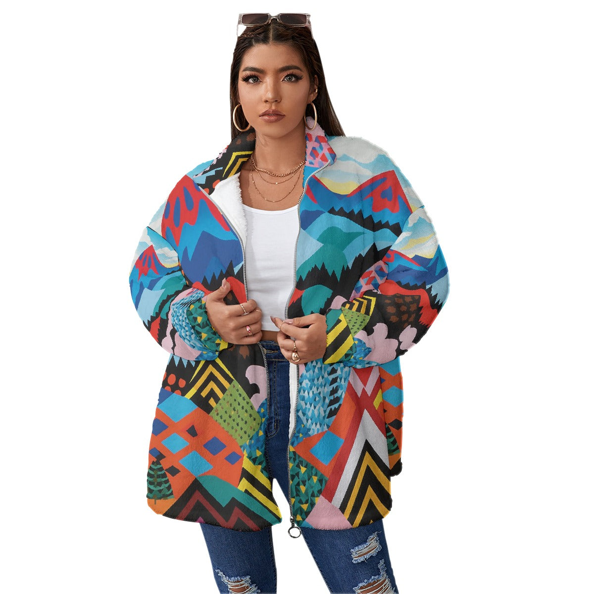 All-Over Print Unisex Borg Fleece Stand-up Collar Coat With Zipper Closure(Plus Size)