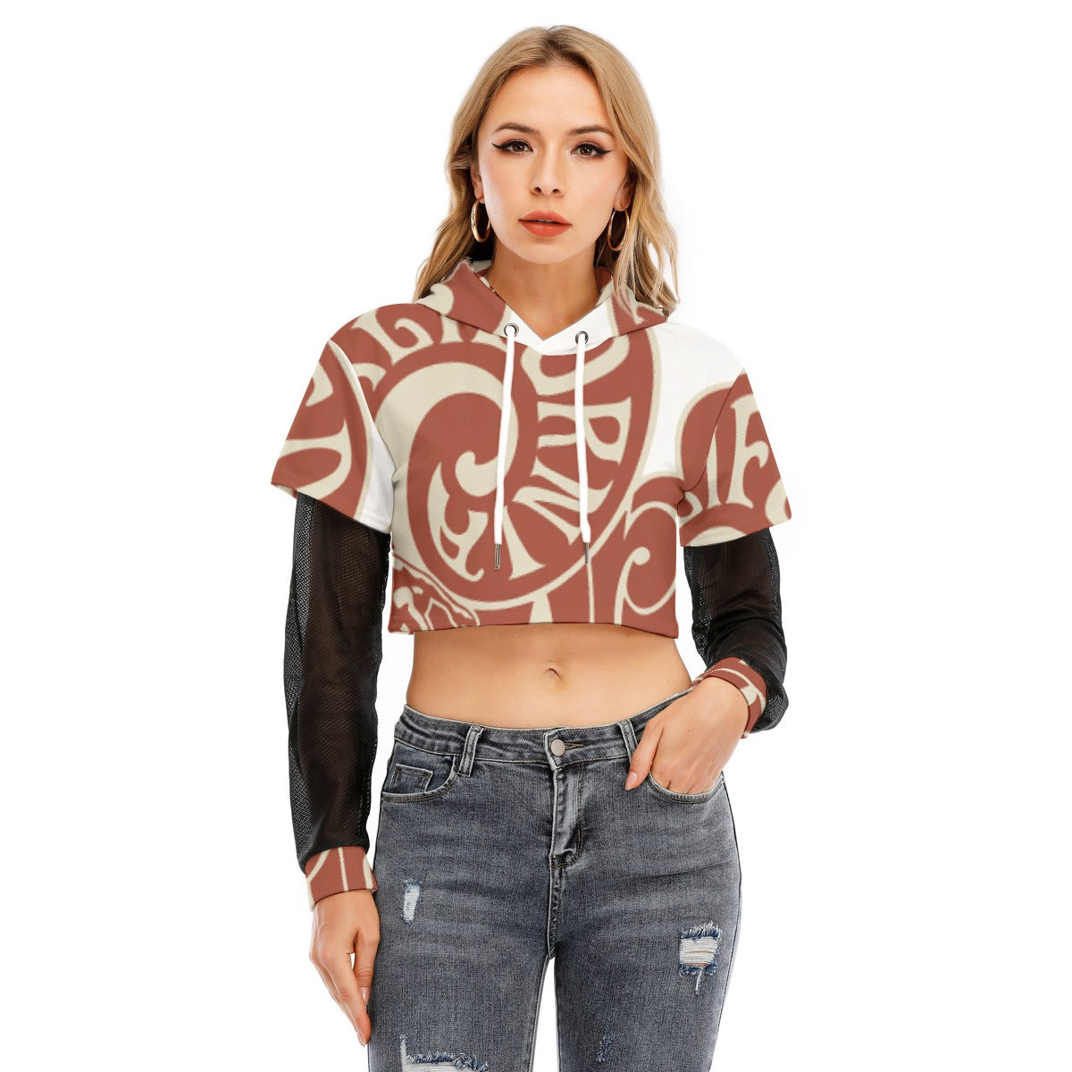 All-Over Print Women's Fake Two-piece Mesh Sleeve Cropped Hoodie