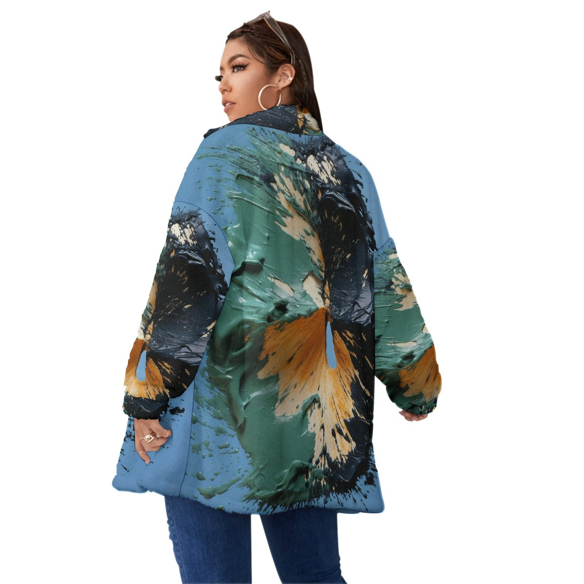 All-Over Print Unisex Borg Fleece Stand-up Collar Coat With Zipper Closure(Plus Size)