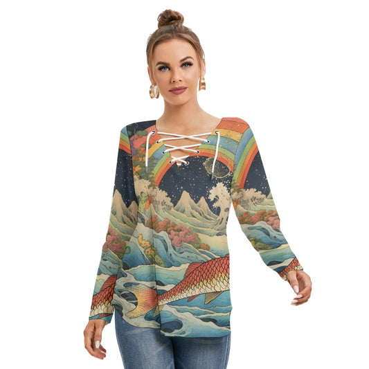 All-Over Print Women's Long Sleeve Neckline Tie Sweatshirt