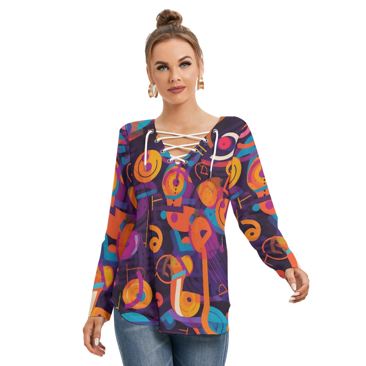 All-Over Print Women's Long Sleeve Neckline Tie Sweatshirt
