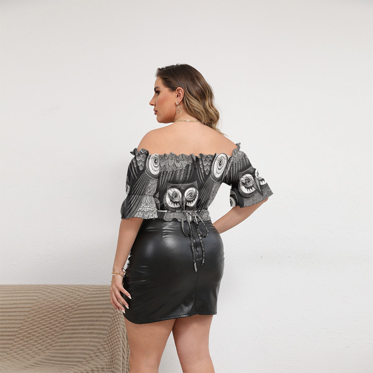 All-Over Print Women's Off-shoulder Cropped Top With Short Puff Sleeve