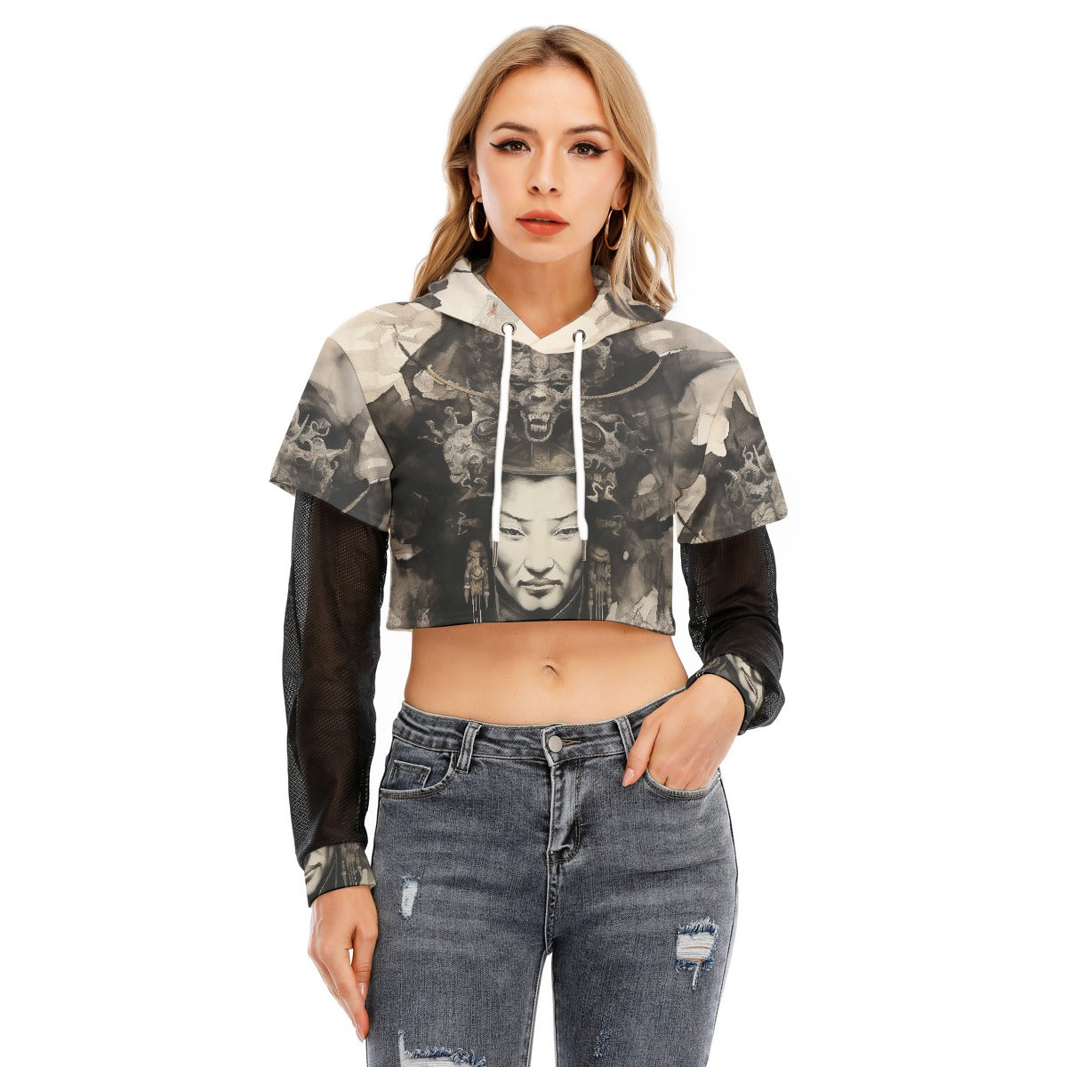 All-Over Print Women's Fake Two-piece Mesh Sleeve Cropped Hoodie