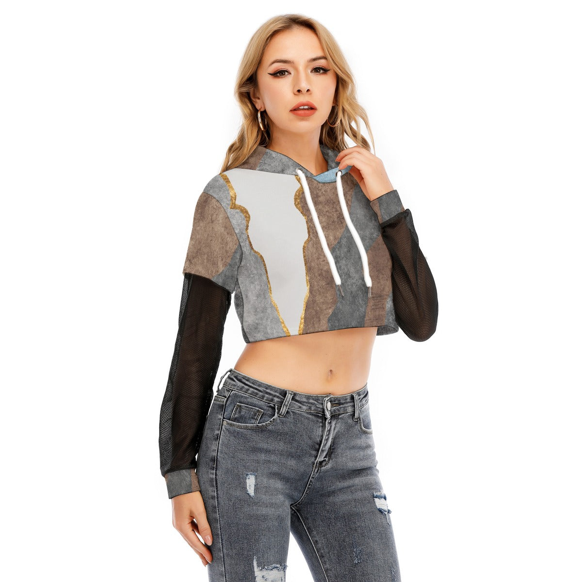 All-Over Print Women's Fake Two-piece Mesh Sleeve Cropped Hoodie