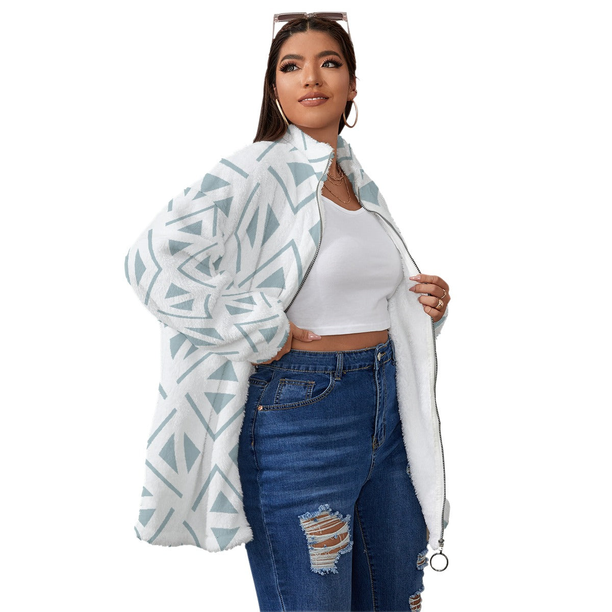 All-Over Print Unisex Borg Fleece Stand-up Collar Coat With Zipper Closure(Plus Size)