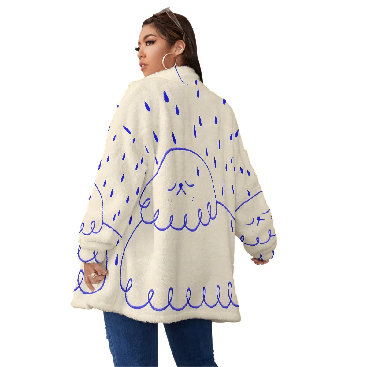 All-Over Print Unisex Borg Fleece Stand-up Collar Coat With Zipper Closure(Plus Size)