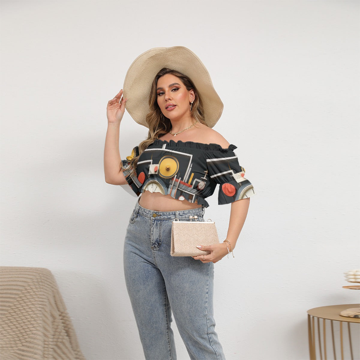 All-Over Print Women's Off-shoulder Cropped Top With Short Puff Sleeve