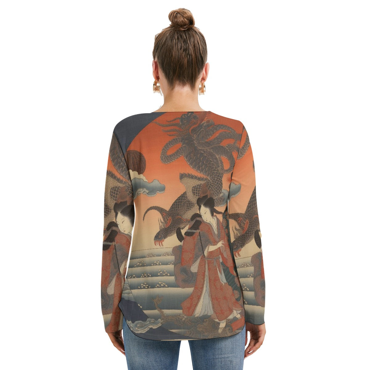 All-Over Print Women's Long Sleeve Neckline Tie Sweatshirt