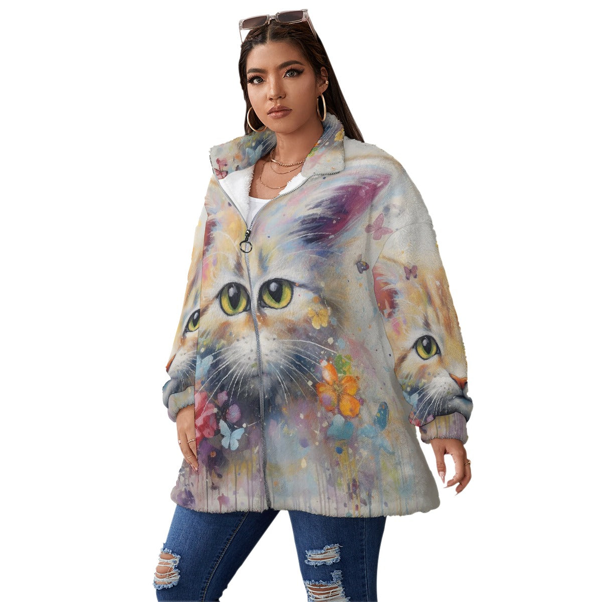 All-Over Print Unisex Borg Fleece Stand-up Collar Coat With Zipper Closure(Plus Size)