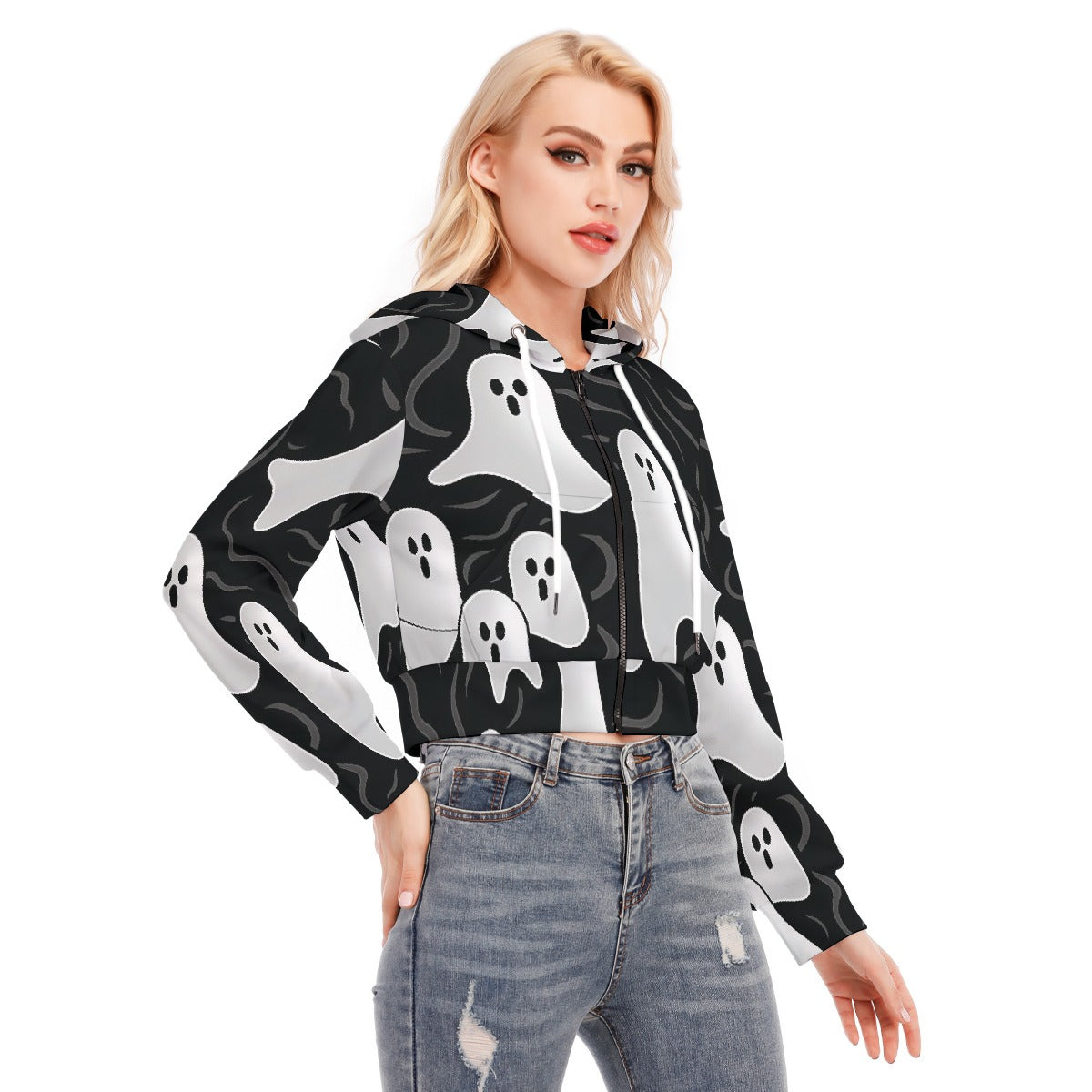 All-Over Print Women's Crop Top Hoodie With Zipper Closure