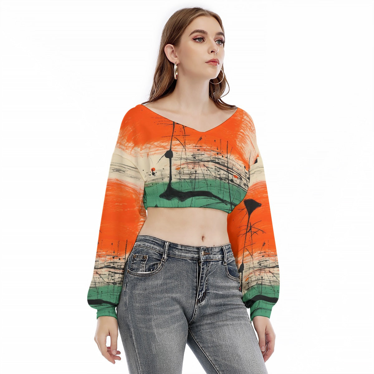 All-Over Print Women's V-neck Long Sleeve Cropped Sweatshirt