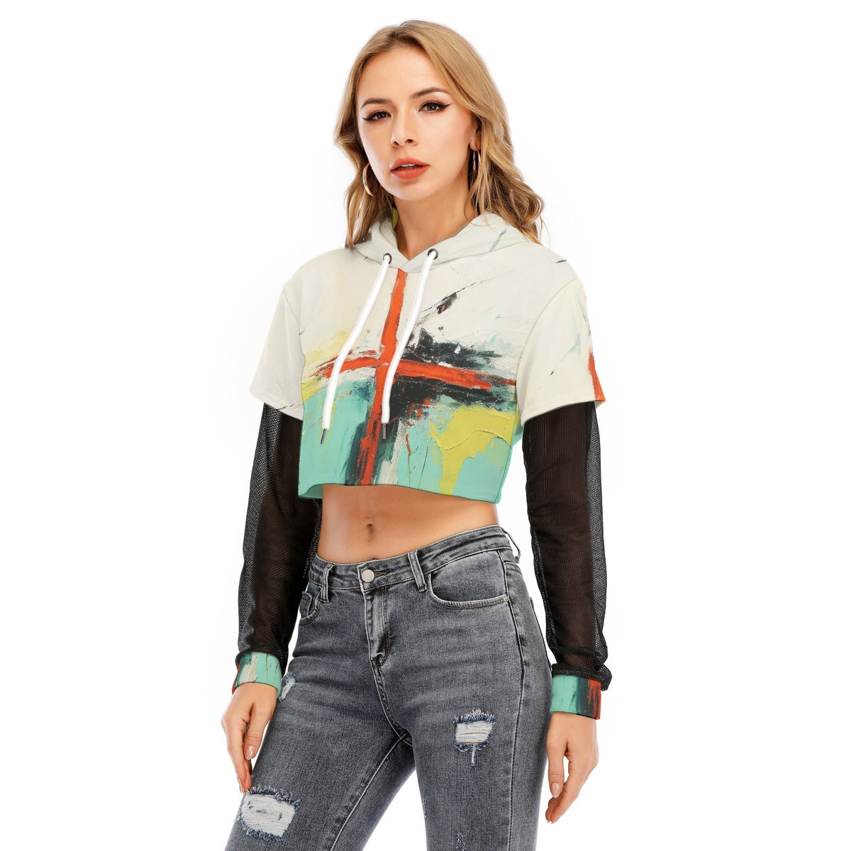 All-Over Print Women's Fake Two-piece Mesh Sleeve Cropped Hoodie