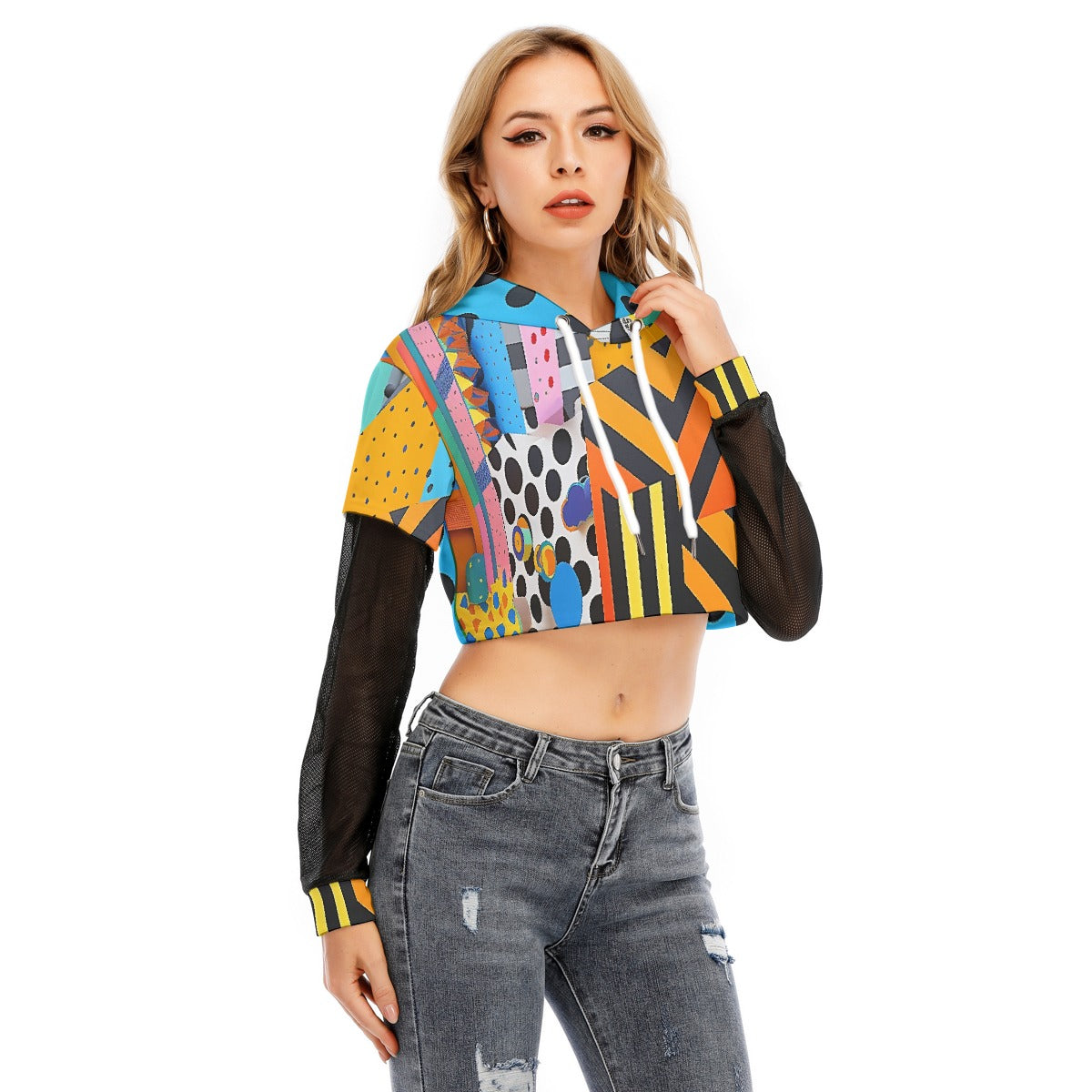 All-Over Print Women's Fake Two-piece Mesh Sleeve Cropped Hoodie