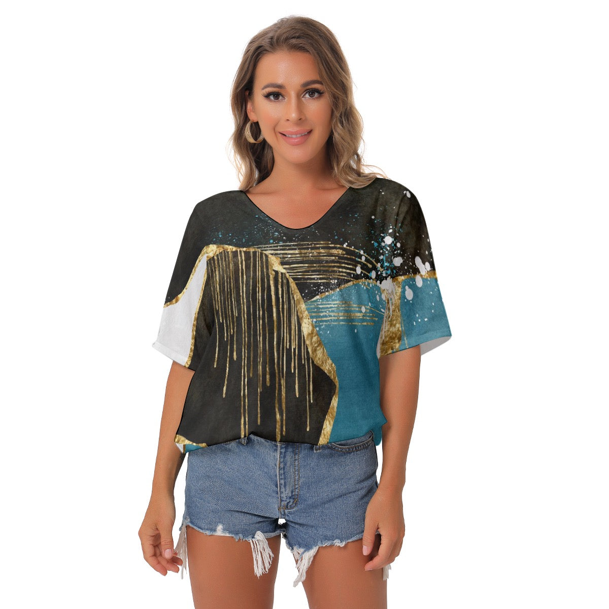 All-Over Print Women's Bat Sleeves V-Neck Blouse