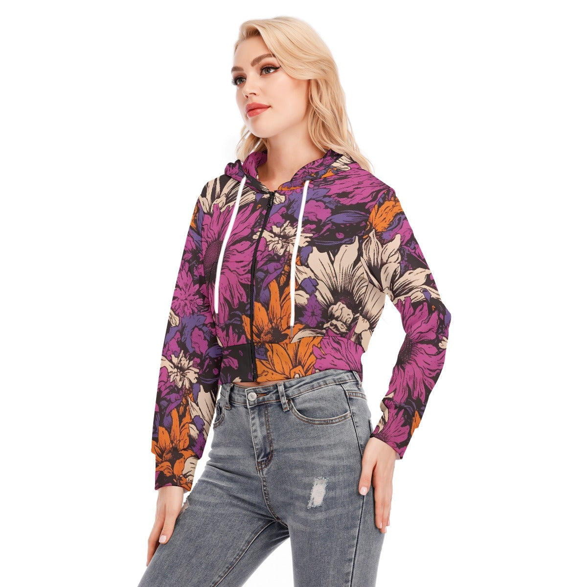 All-Over Print Women's Crop Top Hoodie With Zipper Closure
