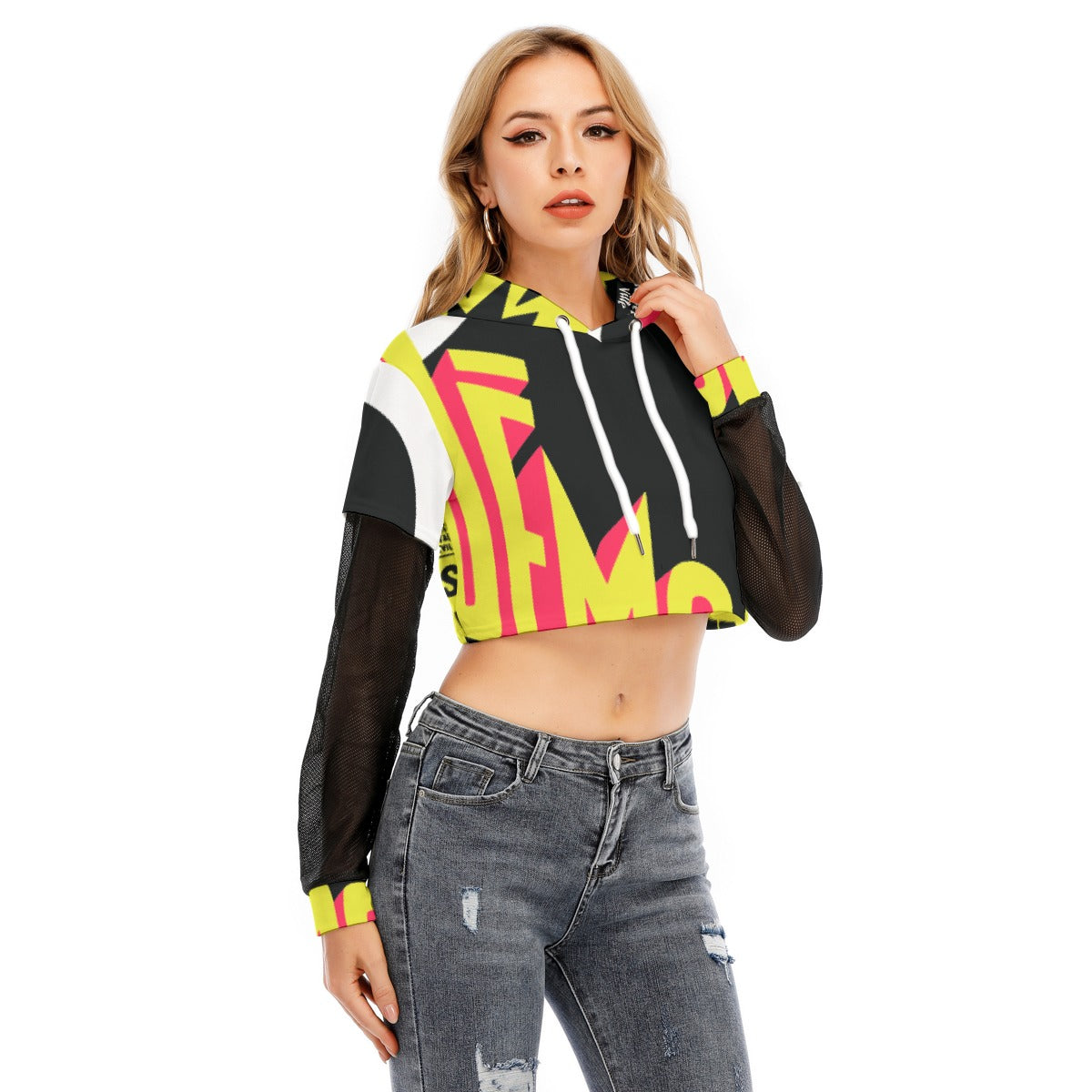 All-Over Print Women's Fake Two-piece Mesh Sleeve Cropped Hoodie
