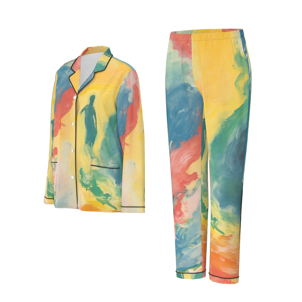 All-Over Print Women's Long Sleeve Pajama Set With Black Contrast Piping