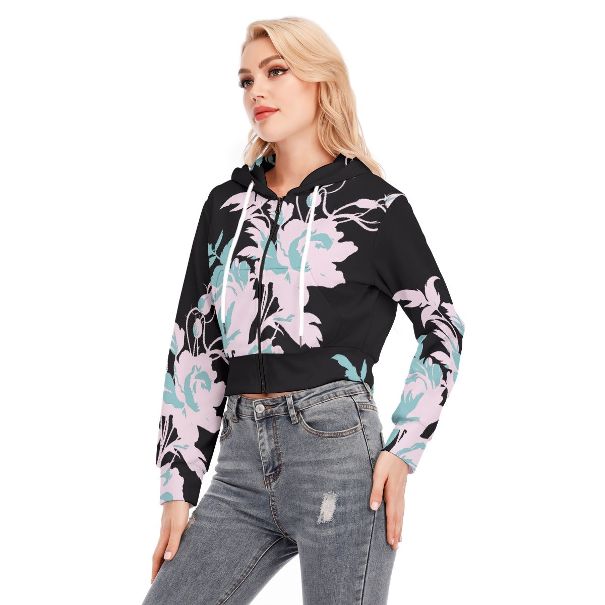All-Over Print Women's Crop Top Hoodie With Zipper Closure