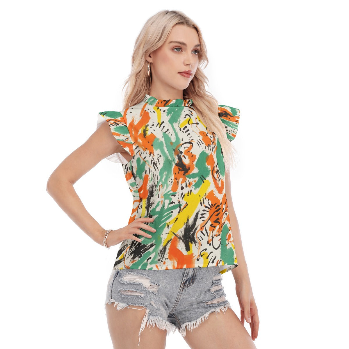 All-Over Print Women's Blouse With Ruffle Collar And Sleeve