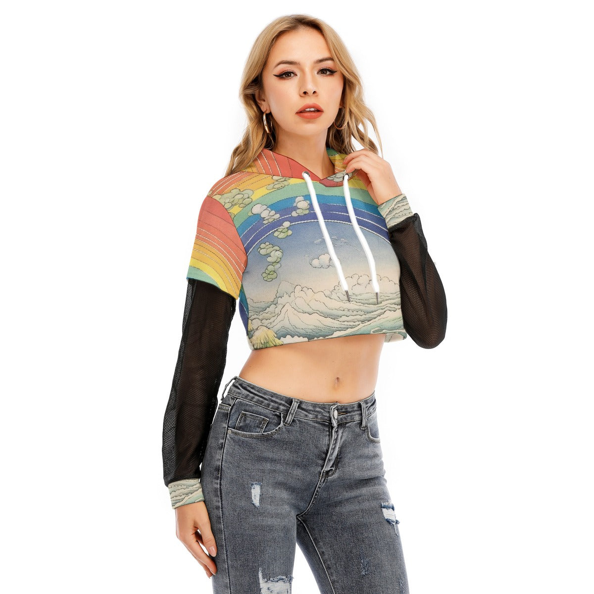 All-Over Print Women's Fake Two-piece Mesh Sleeve Cropped Hoodie