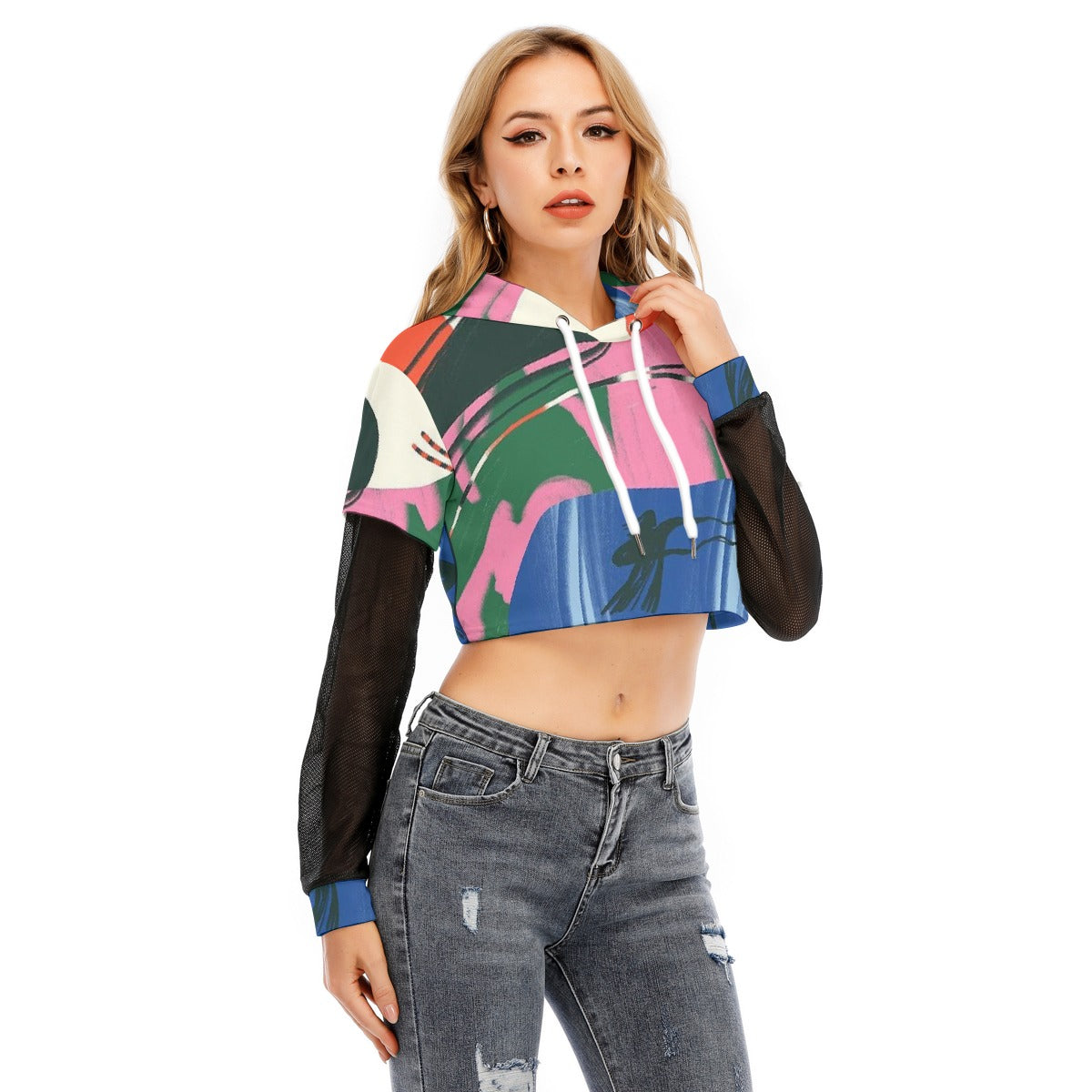 All-Over Print Women's Fake Two-piece Mesh Sleeve Cropped Hoodie