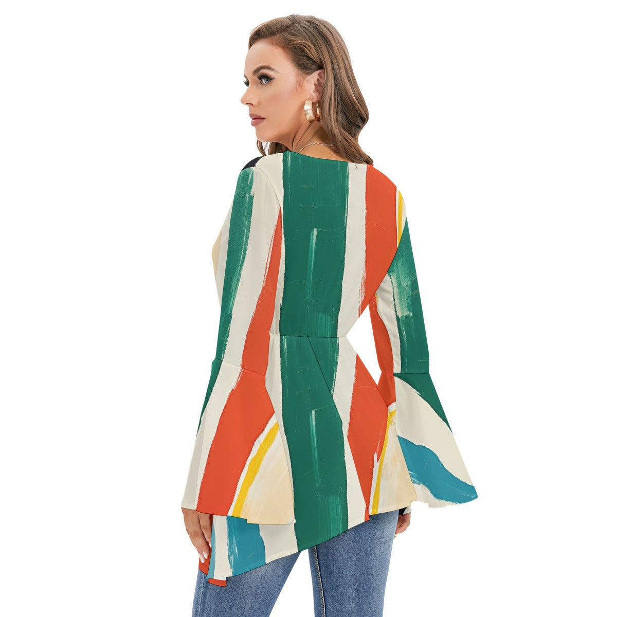 All-Over Print Women's V-neck Blouse With Flared Sleeves