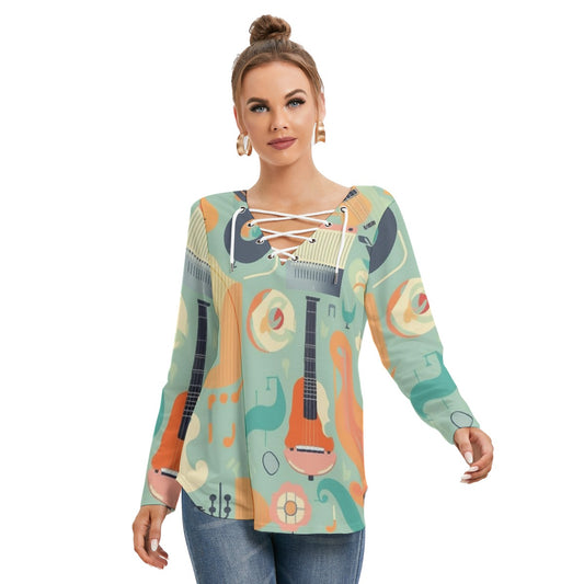 All-Over Print Women's Long Sleeve Neckline Tie Sweatshirt