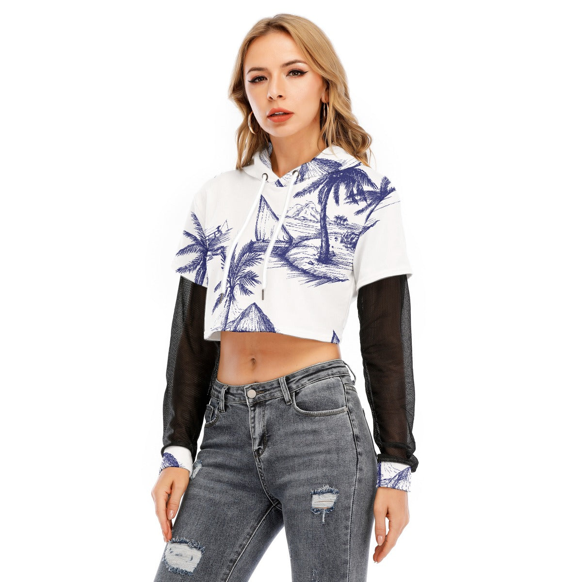 All-Over Print Women's Fake Two-piece Mesh Sleeve Cropped Hoodie