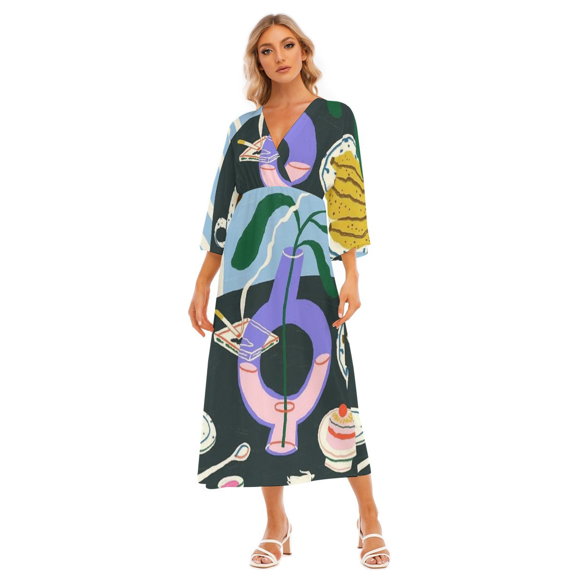 All-Over Print Women's Mid-Sleeve Long Dress