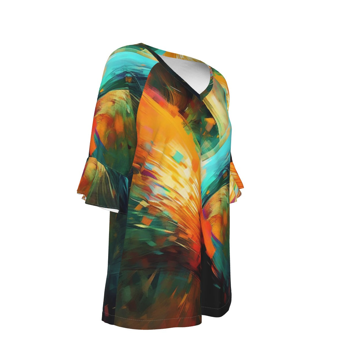 All-Over Print V-neck Women's T-shirt With Bell Sleeve