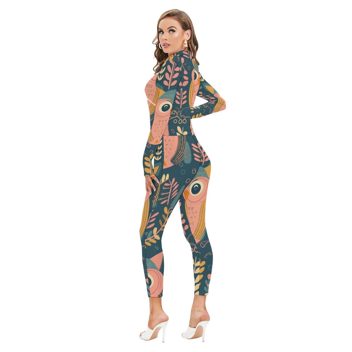 All-Over Print Women's Long-sleeved High-neck Jumpsuit With Zipper