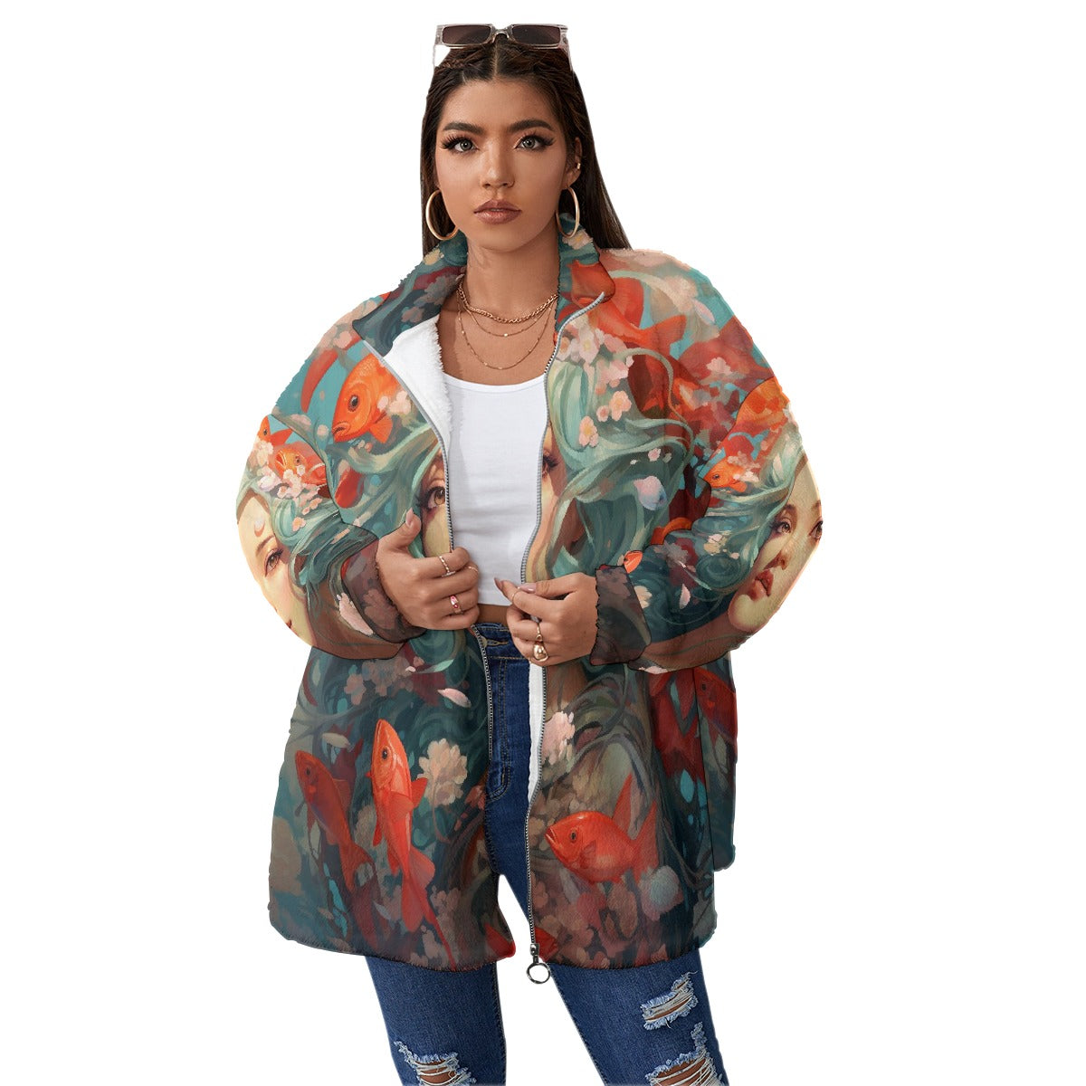 All-Over Print Unisex Borg Fleece Stand-up Collar Coat With Zipper Closure(Plus Size)