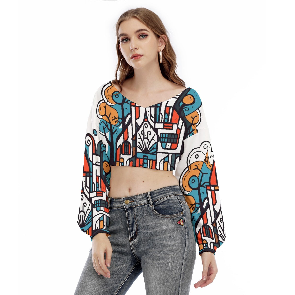 All-Over Print Women's V-neck Long Sleeve Cropped Sweatshirt