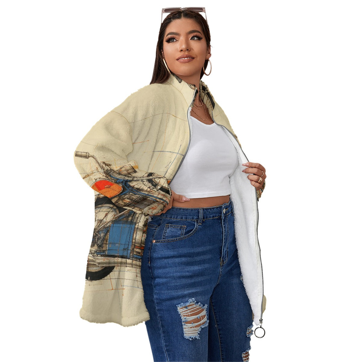 All-Over Print Unisex Borg Fleece Stand-up Collar Coat With Zipper Closure(Plus Size)