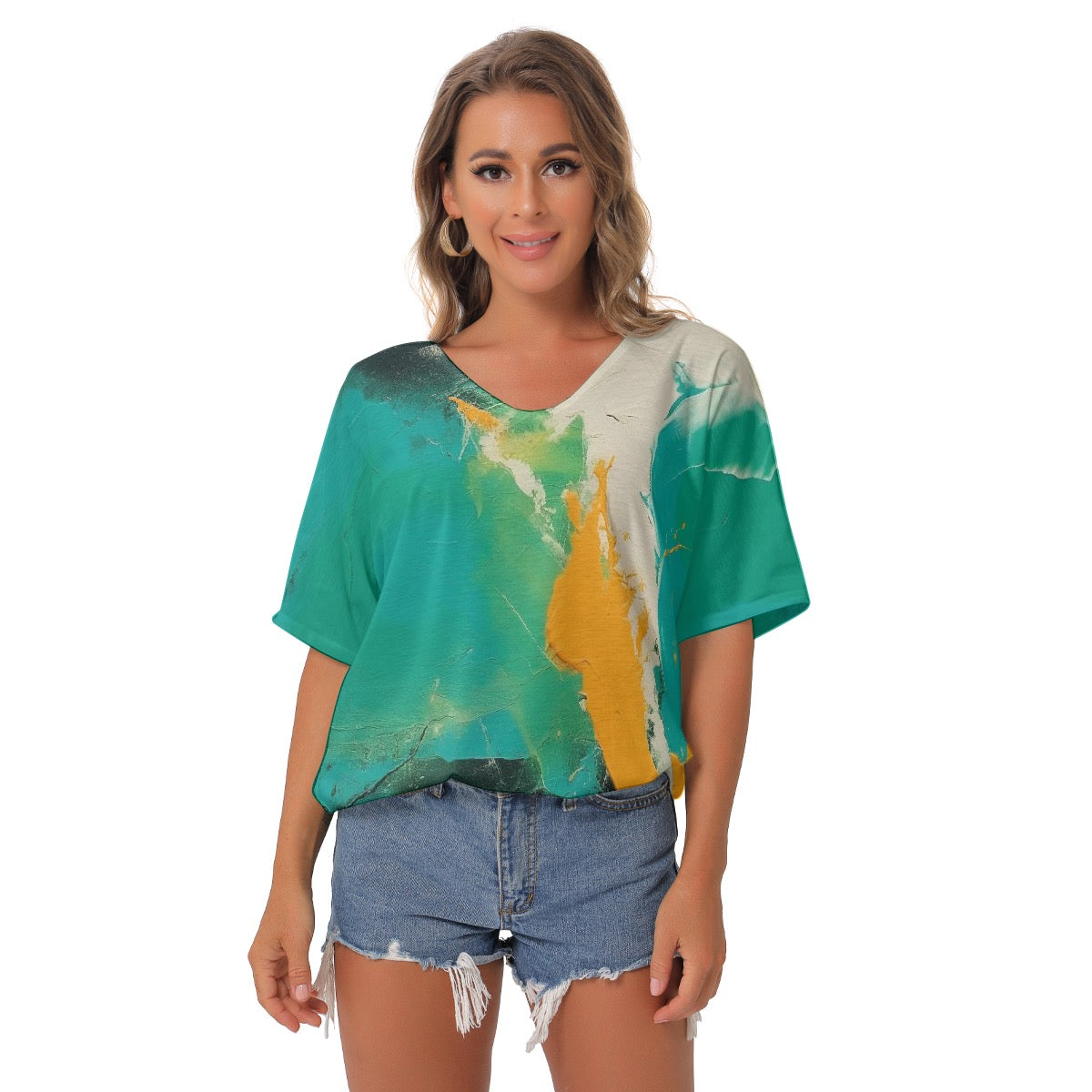 All-Over Print Women's Bat Sleeves V-Neck Blouse