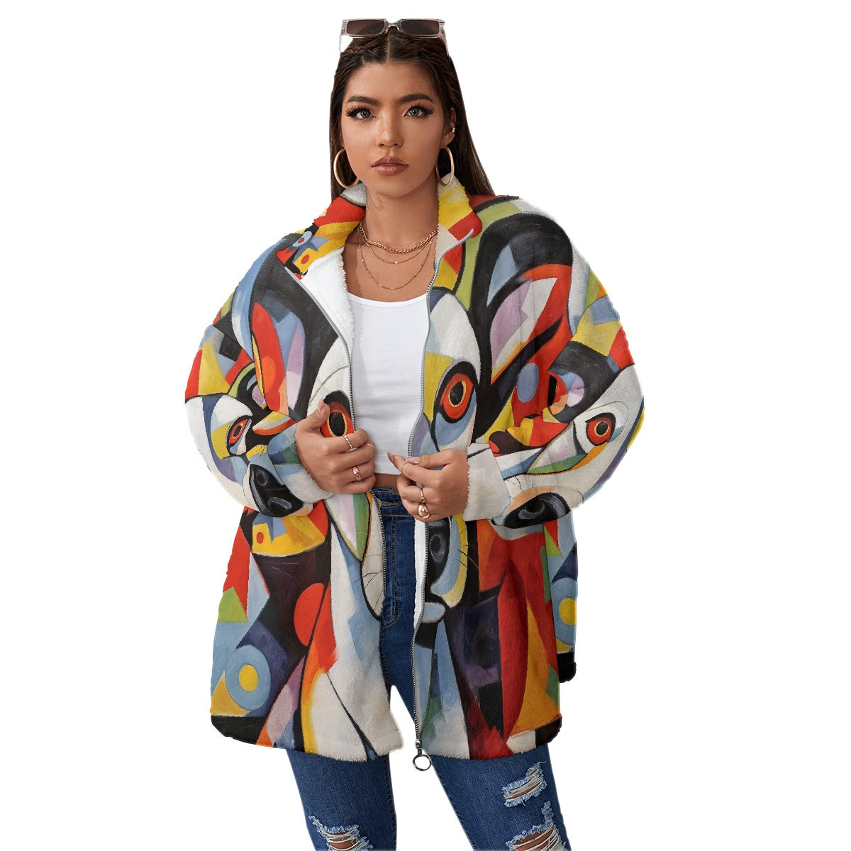 All-Over Print Unisex Borg Fleece Stand-up Collar Coat With Zipper Closure(Plus Size)