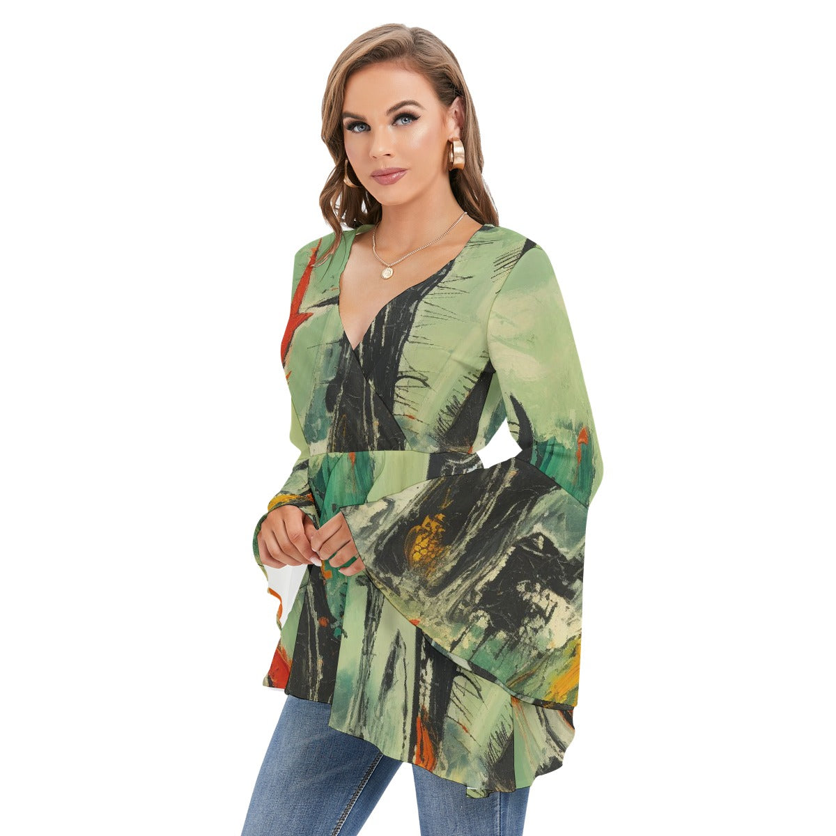 All-Over Print Women's V-neck Blouse With Flared Sleeves