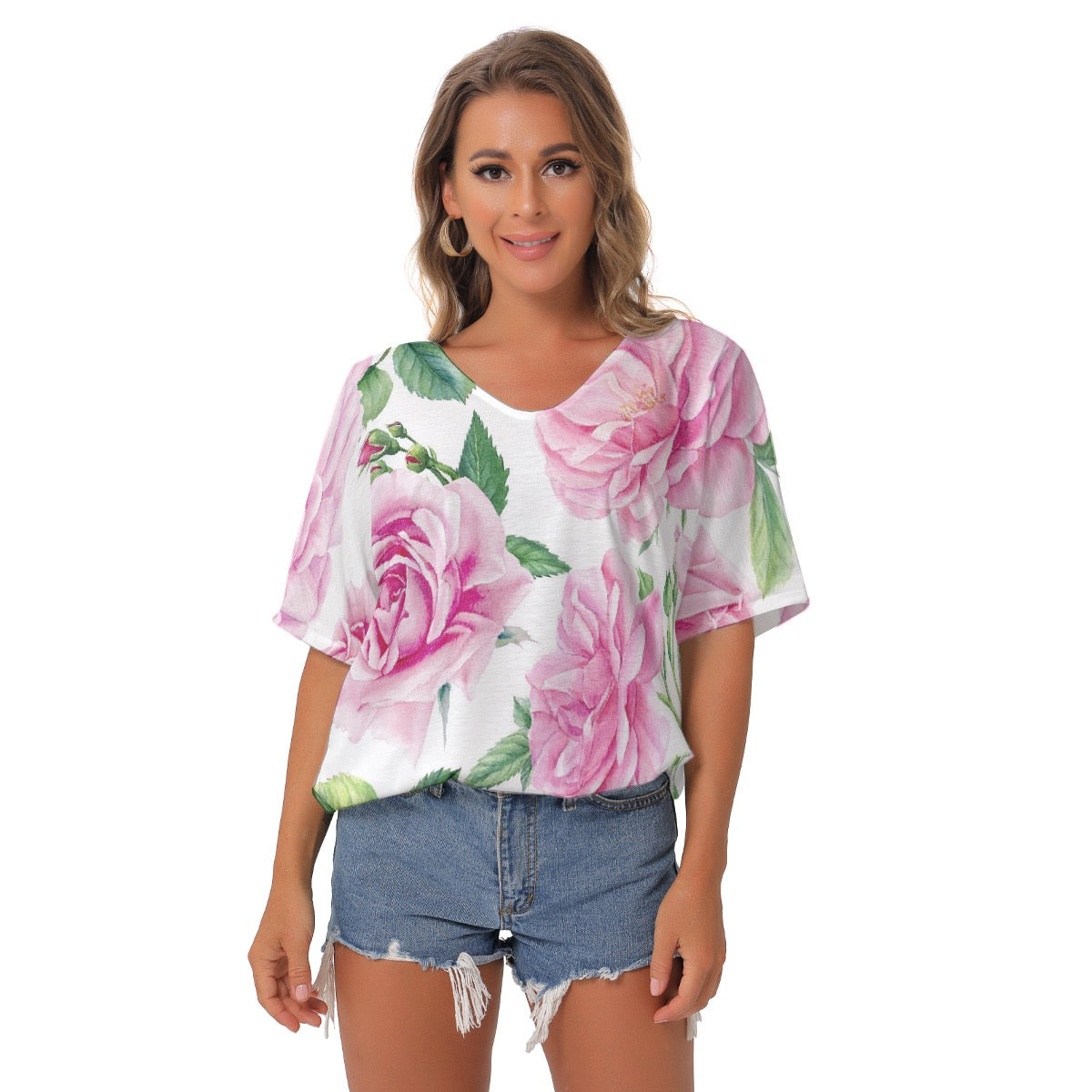 All-Over Print Women's Bat Sleeves V-Neck Blouse