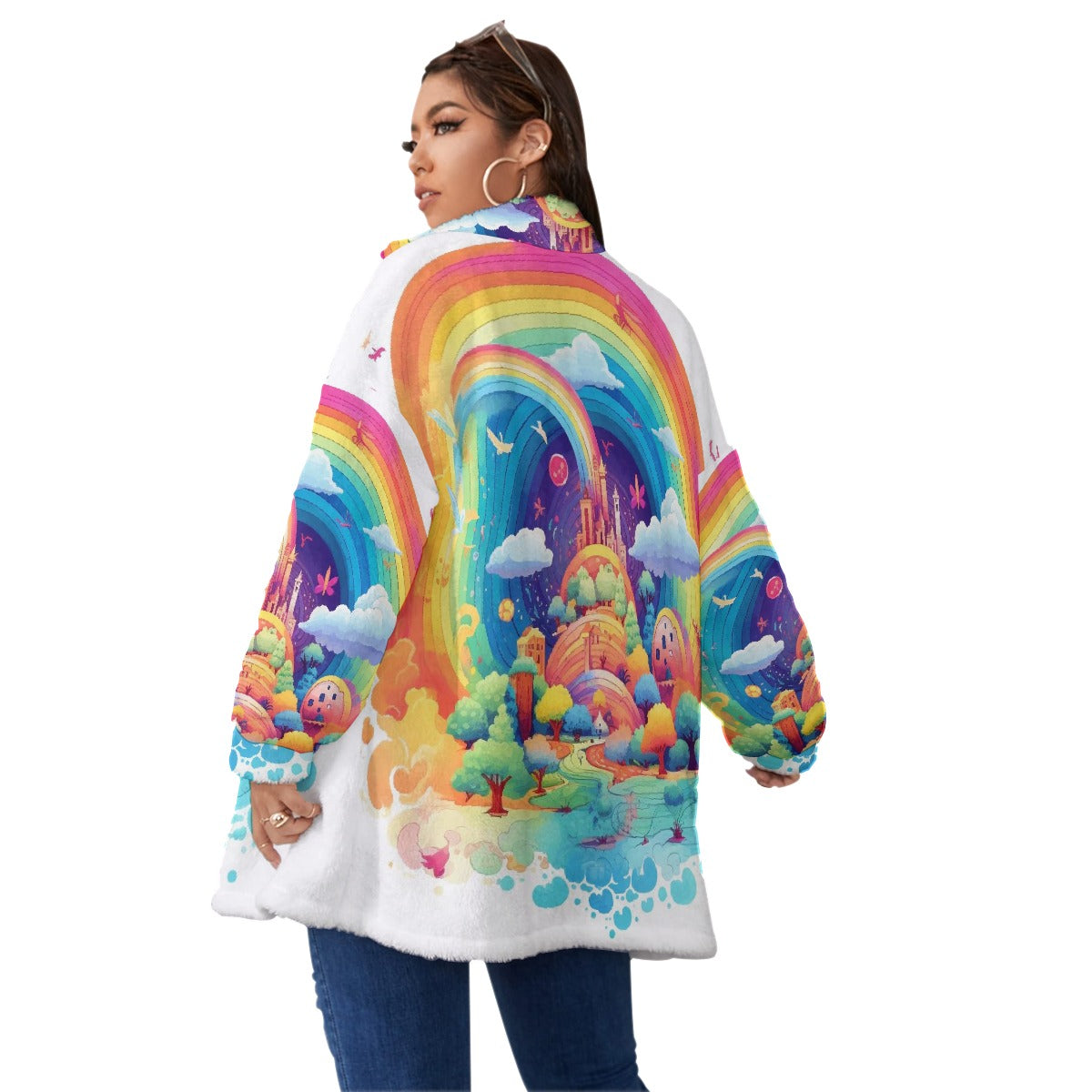 All-Over Print Unisex Borg Fleece Stand-up Collar Coat With Zipper Closure(Plus Size)