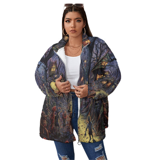 All-Over Print Unisex Borg Fleece Stand-up Collar Coat With Zipper Closure(Plus Size)