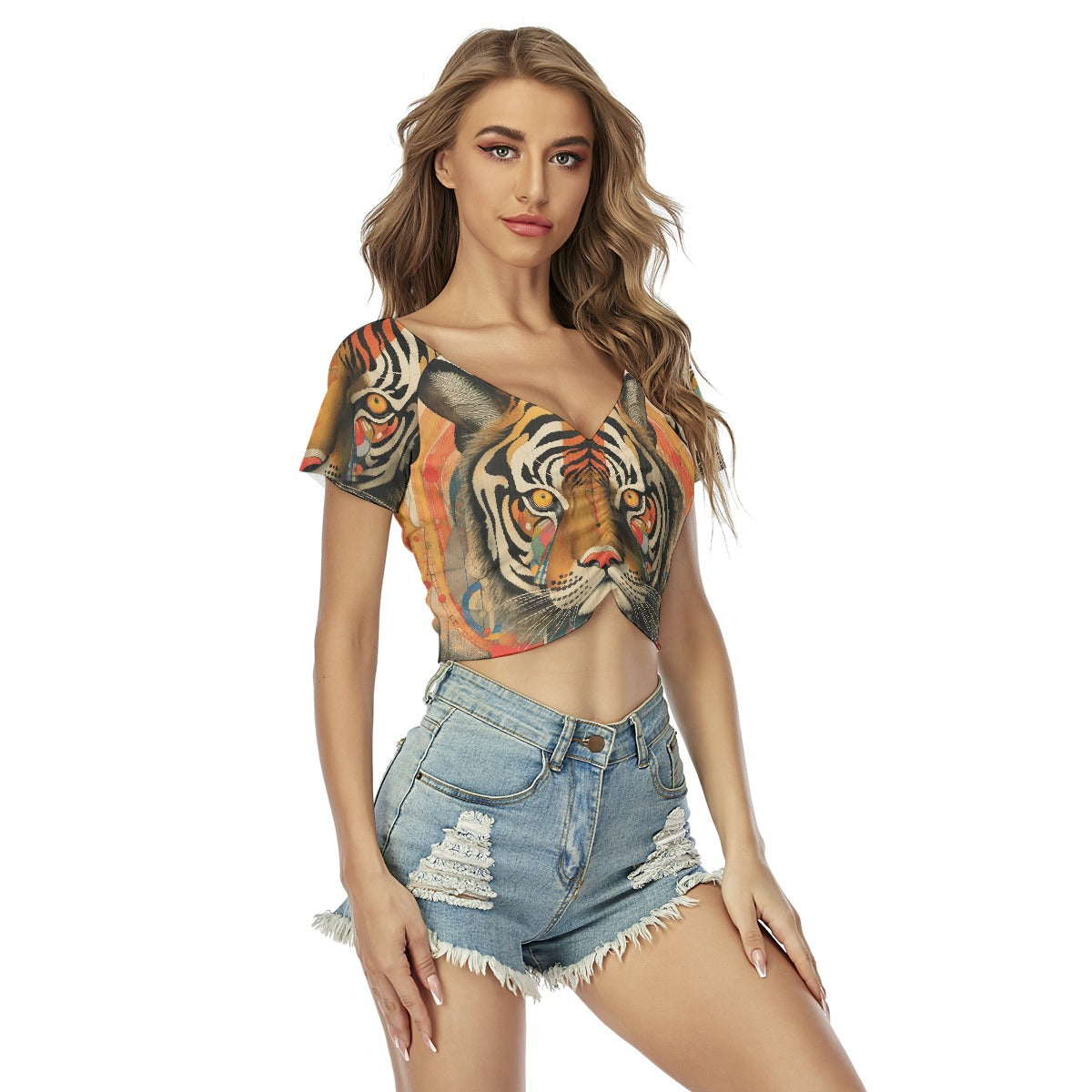 All-Over Print Women's Raglan Drawstring Front  Crop Tee