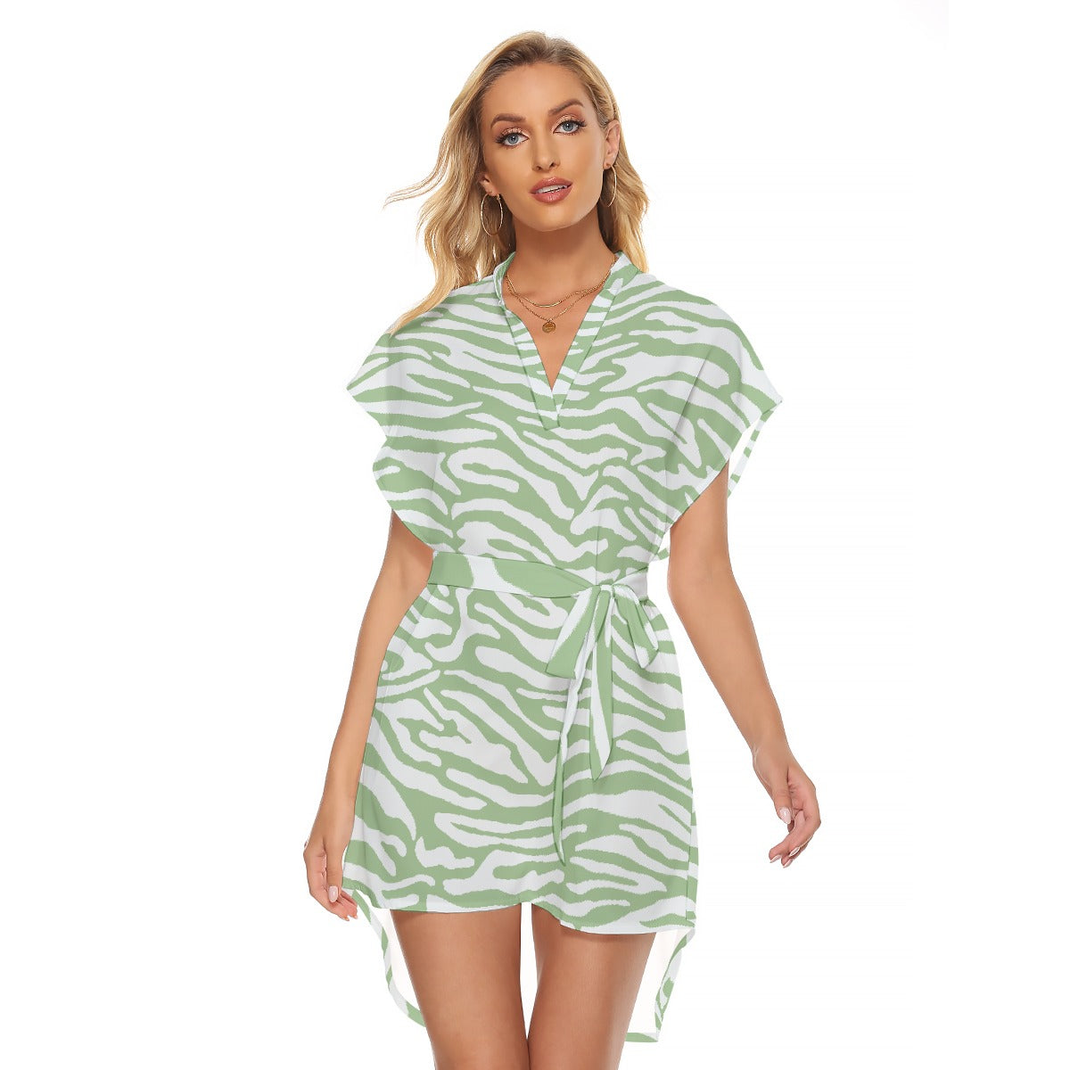 All-Over Print Women's Stand-up Collar Casual Dress With Belt