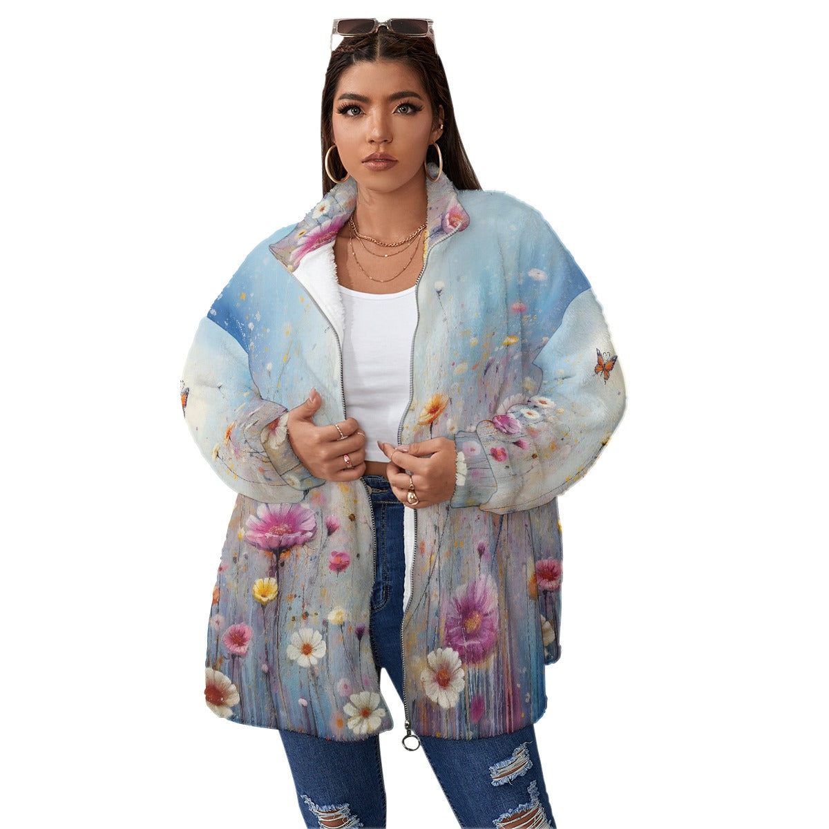 All-Over Print Unisex Borg Fleece Stand-up Collar Coat With Zipper Closure(Plus Size)