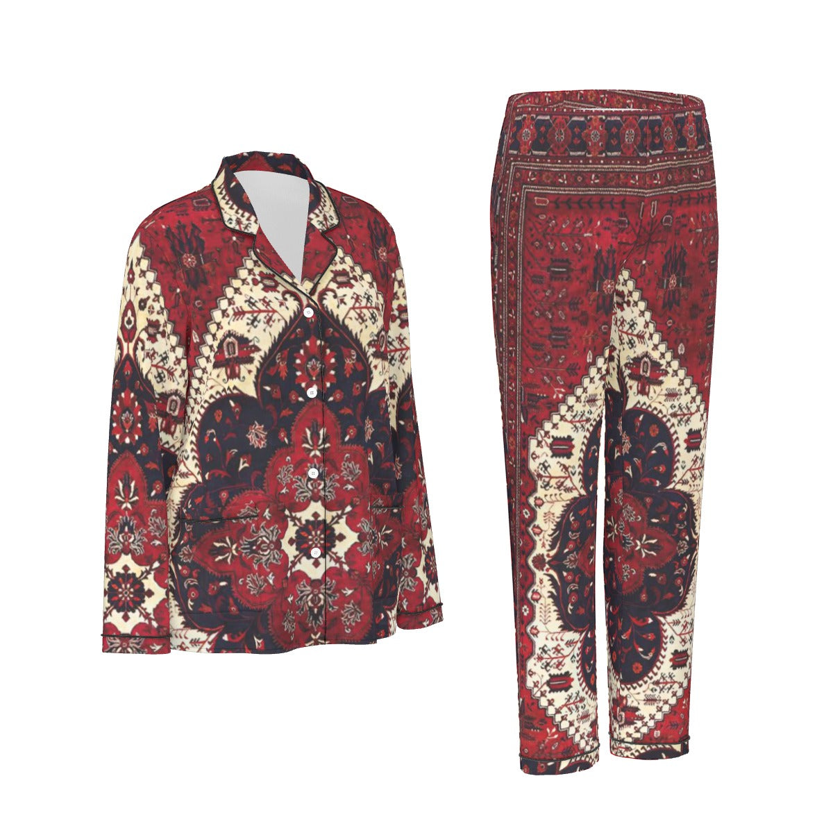 All-Over Print Women's Long Sleeve Pajama Set With Black Contrast Piping