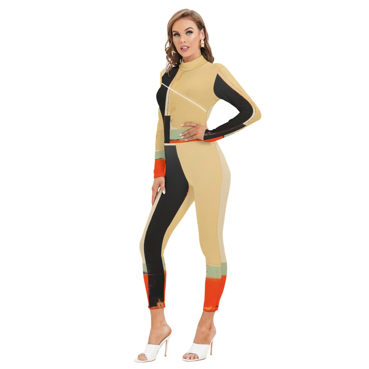 All-Over Print Women's Long-sleeved High-neck Jumpsuit With Zipper