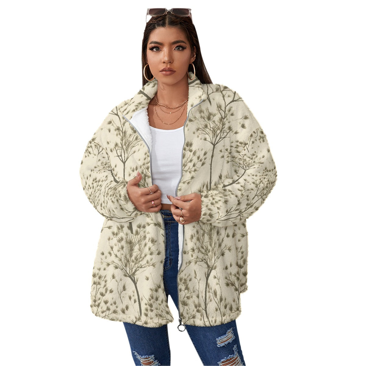 All-Over Print Unisex Borg Fleece Stand-up Collar Coat With Zipper Closure(Plus Size)