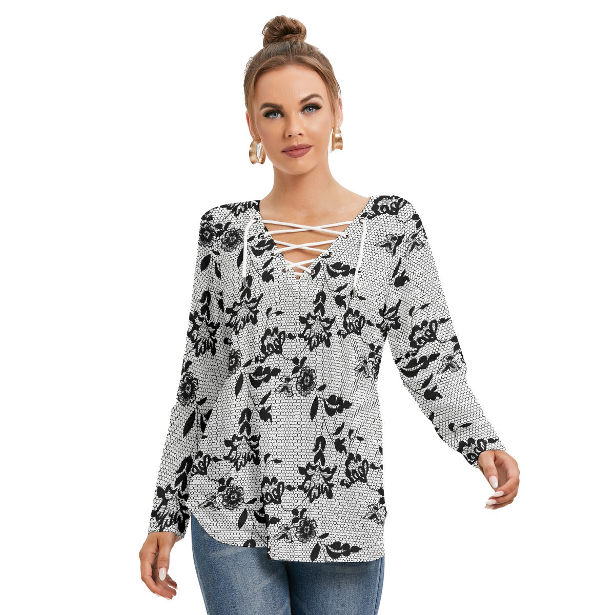 All-Over Print Women's Long Sleeve Neckline Tie Sweatshirt