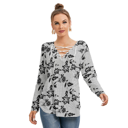 All-Over Print Women's Long Sleeve Neckline Tie Sweatshirt