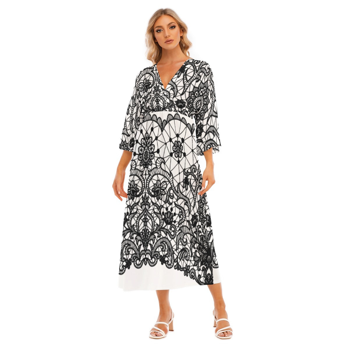 All-Over Print Women's Mid-Sleeve Long Dress